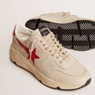 Golden Goose Running Sole In Gray Nappa Leather With Red Nappa Leather Star And Heel Tab Golden Goose Running Sole In Gray Nappa Leather With Red Nappa Leather Star And Heel Tab