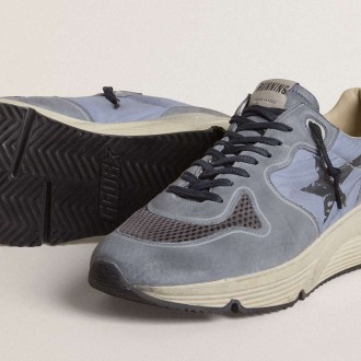 Golden Goose Running Sole In Light Blue Nylon And Nubuck With Black Star