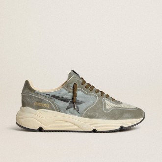 Golden Goose Running Sole In Light Blue Nylon With Black Star And Green Leather Heel Tab