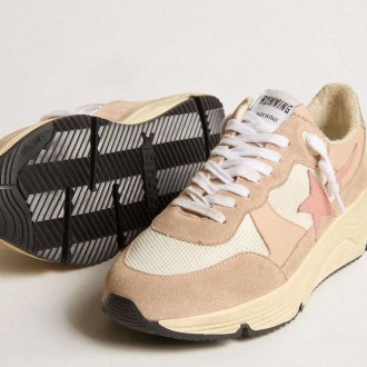 Golden Goose Running Sole In Mesh And Suede With Pink Star And Silver Heel Tab