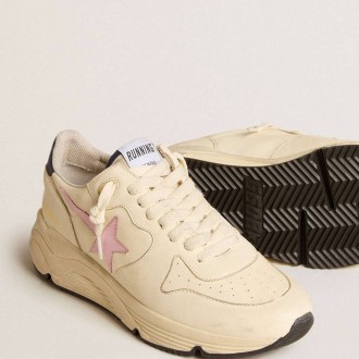 Golden Goose Running Sole In Nappa Leather With Pink Leather Star And Blue Leather Heel Tab