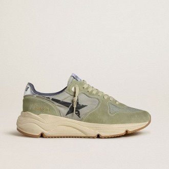 Golden Goose Running Sole In Sage-Green Nylon And Suede With Printed Black Star