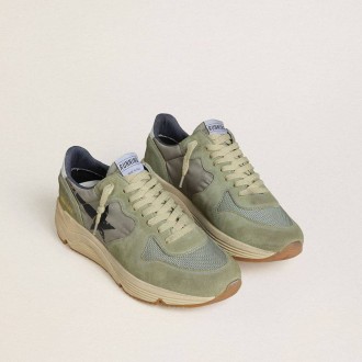 Golden Goose Running Sole In Sage-Green Nylon And Suede With Printed Black Star Golden Goose Running Sole In Sage-Green Nylon And Suede With Printed Black Star