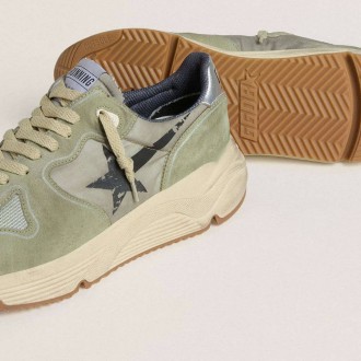 Golden Goose Running Sole In Sage-Green Nylon And Suede With Printed Black Star Golden Goose Running Sole In Sage-Green Nylon And Suede With Printed Black Star