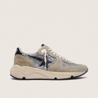 Golden Goose Running Sole In Silver Glitter And Dove Gray Suede