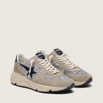 Golden Goose Running Sole In Silver Glitter And Dove Gray Suede
