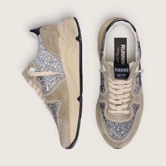 Golden Goose Running Sole In Silver Glitter And Dove Gray Suede