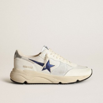 Golden Goose Running Sole In White Leather And Mesh With Blue Laminated Leather Star