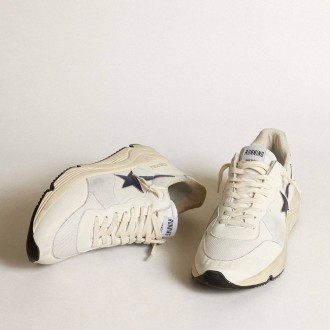 Golden Goose Running Sole In White Leather And Mesh With Blue Laminated Leather Star Golden Goose Running Sole In White Leather And Mesh With Blue Laminated Leather Star