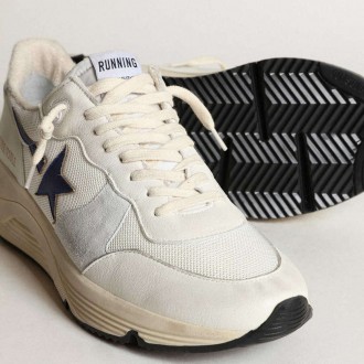 Golden Goose Running Sole In White Leather And Mesh With Blue Laminated Leather Star Golden Goose Running Sole In White Leather And Mesh With Blue Laminated Leather Star