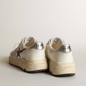 Golden Goose Running Sole In White Leather And Mesh With Blue Laminated Leather Star Golden Goose Running Sole In White Leather And Mesh With Blue Laminated Leather Star