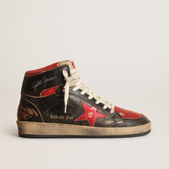 Golden Goose Sky-Star In Black Glossy Leather With Red Star