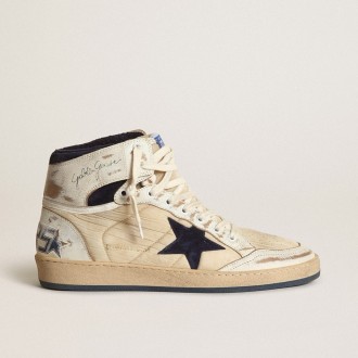 Golden Goose Sky-Star In Cream-Colored Nylon And Leather With Blue Suede Star