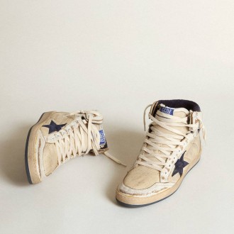 Golden Goose Sky-Star In Cream-Colored Nylon And Leather With Blue Suede Star