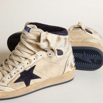 Golden Goose Sky-Star In Cream-Colored Nylon And Leather With Blue Suede Star