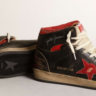 Golden Goose Sky-Star In Glossy Black Leather With Red Star Golden Goose Sky-Star In Glossy Black Leather With Red Star