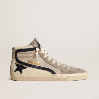 Golden Goose Slide In Beige Mesh And Nylon With Blue Leather Star And Flash