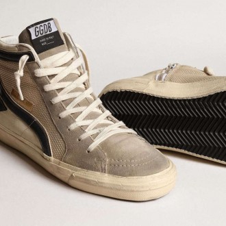 Golden Goose Slide In Beige Mesh And Nylon With Blue Leather Star And Flash Golden Goose Slide In Beige Mesh And Nylon With Blue Leather Star And Flash