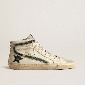 Golden Goose Slide In Beige Nappa With Green Laminated Leather Star And Flash
