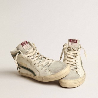 Golden Goose Slide In Beige Nappa With Green Laminated Leather Star And Flash