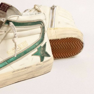 Golden Goose Slide In Beige Nappa With Green Laminated Leather Star And Flash