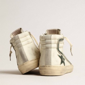 Golden Goose Slide In Beige Nappa With Green Laminated Leather Star And Flash