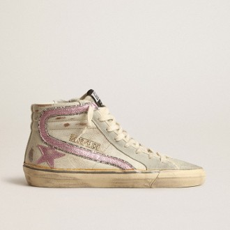 Golden Goose Slide In Beige With Pink Metallic Leather Star And Flash