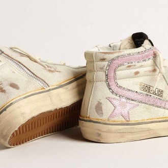 Golden Goose Slide In Beige With Pink Metallic Leather Star And Flash