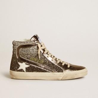 Golden Goose Slide In Black And Silver Glitter With Leather Star And Metallic Flash