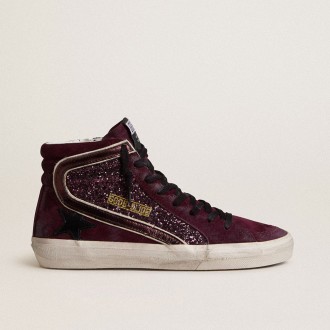 Golden Goose Slide In Black Cherry Glitter And Suede With Leather Star And Metallic Leather Flash