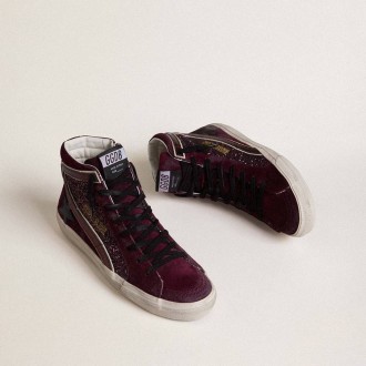Golden Goose Slide In Black Cherry Glitter And Suede With Leather Star And Metallic Leather Flash