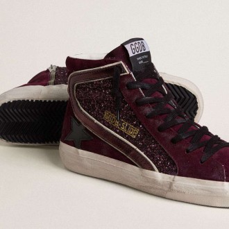 Golden Goose Slide In Black Cherry Glitter And Suede With Leather Star And Metallic Leather Flash