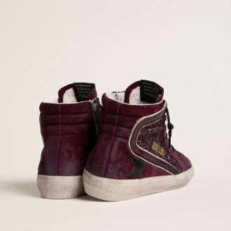 Golden Goose Slide In Black Cherry Glitter And Suede With Leather Star And Metallic Leather Flash