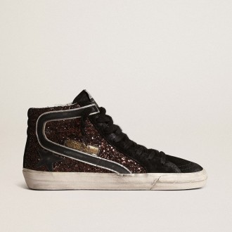 Golden Goose Slide In Brown Glitter With Black Leather Star And Flash
