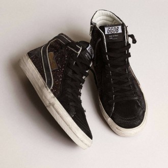 Golden Goose Slide In Brown Glitter With Black Leather Star And Flash Golden Goose Slide In Brown Glitter With Black Leather Star And Flash