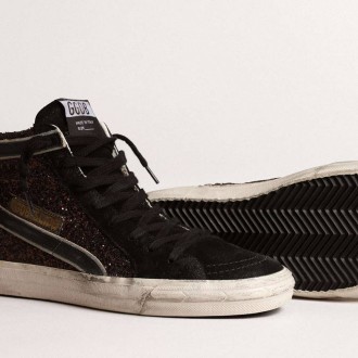 Golden Goose Slide In Brown Glitter With Black Leather Star And Flash Golden Goose Slide In Brown Glitter With Black Leather Star And Flash