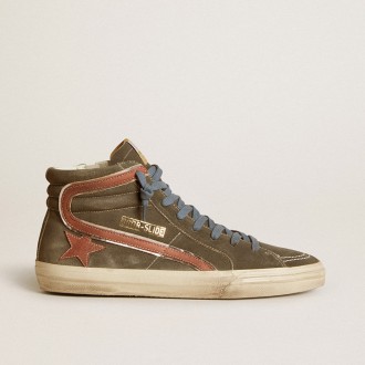 Golden Goose Slide In Gray Suede With Brown Nubuck Star And Flash