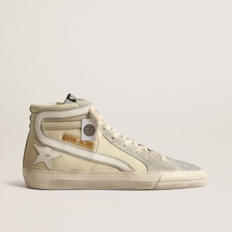 Golden Goose Slide In Ivory Nylon With White Leather Star And Swaroski Tongue