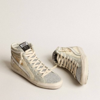 Golden Goose Slide In Ivory Nylon With White Leather Star And Swaroski Tongue