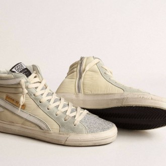 Golden Goose Slide In Ivory Nylon With White Leather Star And Swaroski Tongue
