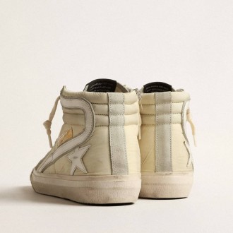 Golden Goose Slide In Ivory Nylon With White Leather Star And Swaroski Tongue