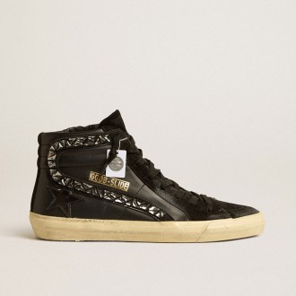 Golden Goose Slide In Leather With Black Star And Swarovski Crystal Flash
