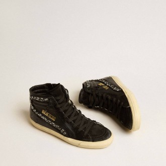 Golden Goose Slide In Leather With Black Star And Swarovski Crystal Flash