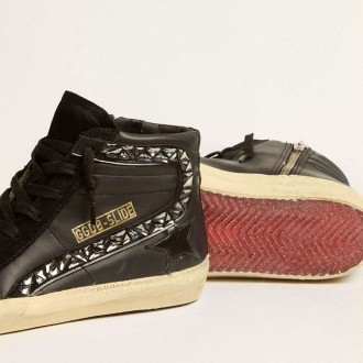 Golden Goose Slide In Leather With Black Star And Swarovski Crystal Flash
