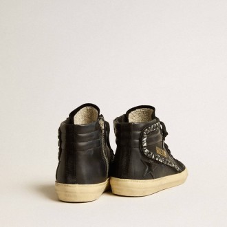 Golden Goose Slide In Leather With Black Star And Swarovski Crystal Flash