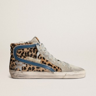 Golden Goose Slide In Leopard Print Pony Skin With Silver Leather Star