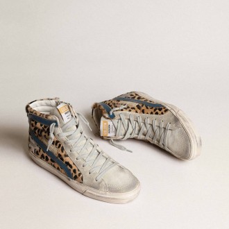 Golden Goose Slide In Leopard Print Pony Skin With Silver Leather Star