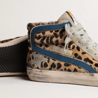 Golden Goose Slide In Leopard Print Pony Skin With Silver Leather Star