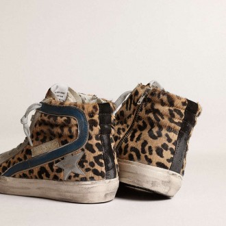 Golden Goose Slide In Leopard Print Pony Skin With Silver Leather Star