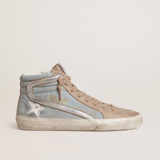 Golden Goose Slide In Light Blue Canvas With Silver Metallic Leather Flash